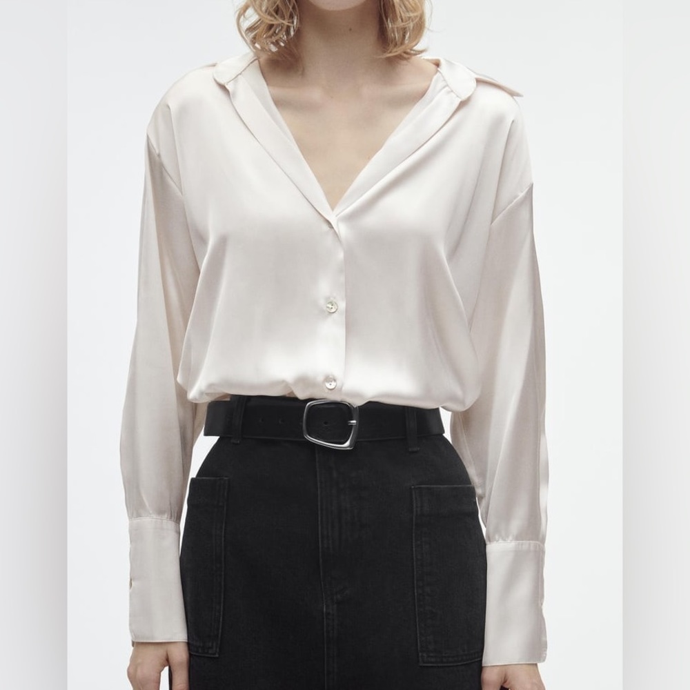 Zara satin button down shirt in oyster white, size medium